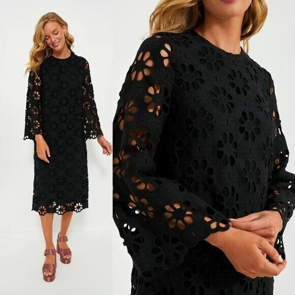 Tuckernuck NEW Noir Eyelet Hutton Long Sleeve Cotton Formal Midi Dress Size XS